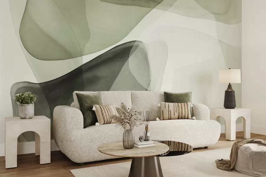 murais de parede Formas abstratas em tons de verde, com efeito de camadas texturizadas e translúcidas w10022v2