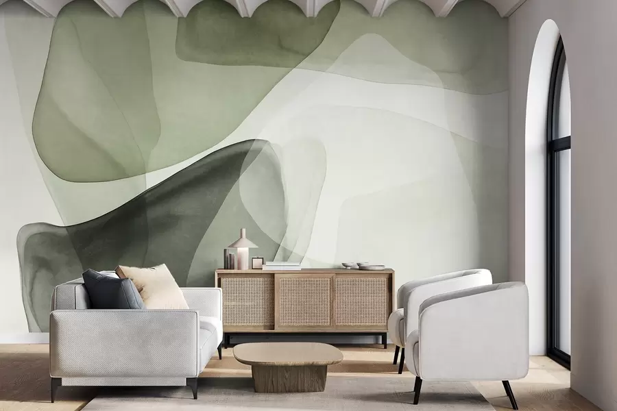 murais de parede Formas abstratas em tons de verde, com efeito de camadas texturizadas e translúcidas w10022v2