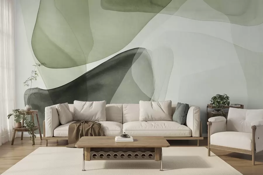 murais de parede Formas abstratas em tons de verde, com efeito de camadas texturizadas e translúcidas w10022v2
