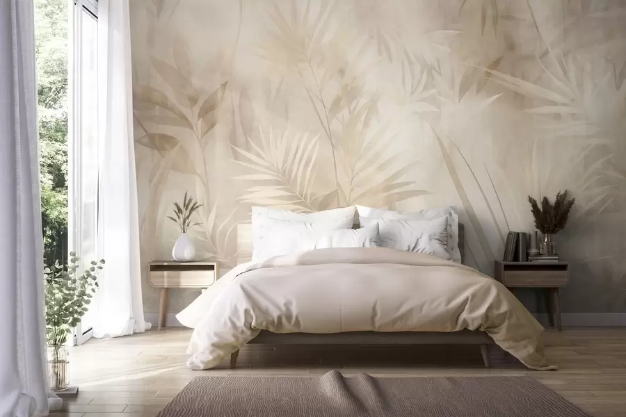 murais de parede Folhas de palmeira em tons suaves de bege e creme, com um fundo suave, selva tropical w10023