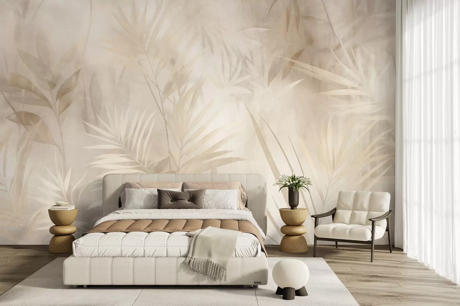 murais de parede Folhas de palmeira em tons suaves de bege e creme, com um fundo suave, selva tropical w10023