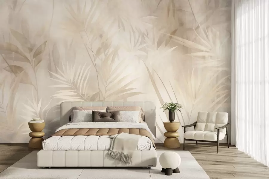 murais de parede Folhas de palmeira em tons suaves de bege e creme, com um fundo suave, selva tropical w10023