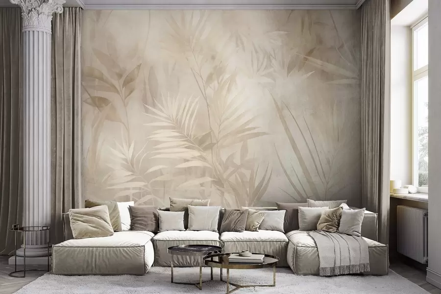 murais de parede Folhas de palmeira em tons suaves de bege e creme, com um fundo suave, selva tropical w10023
