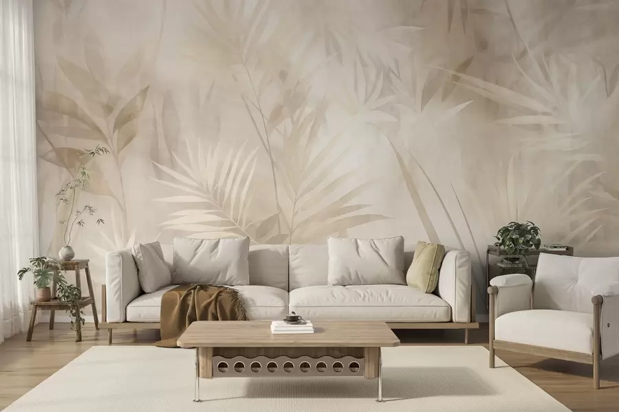 murais de parede Folhas de palmeira em tons suaves de bege e creme, com um fundo suave, selva tropical w10023