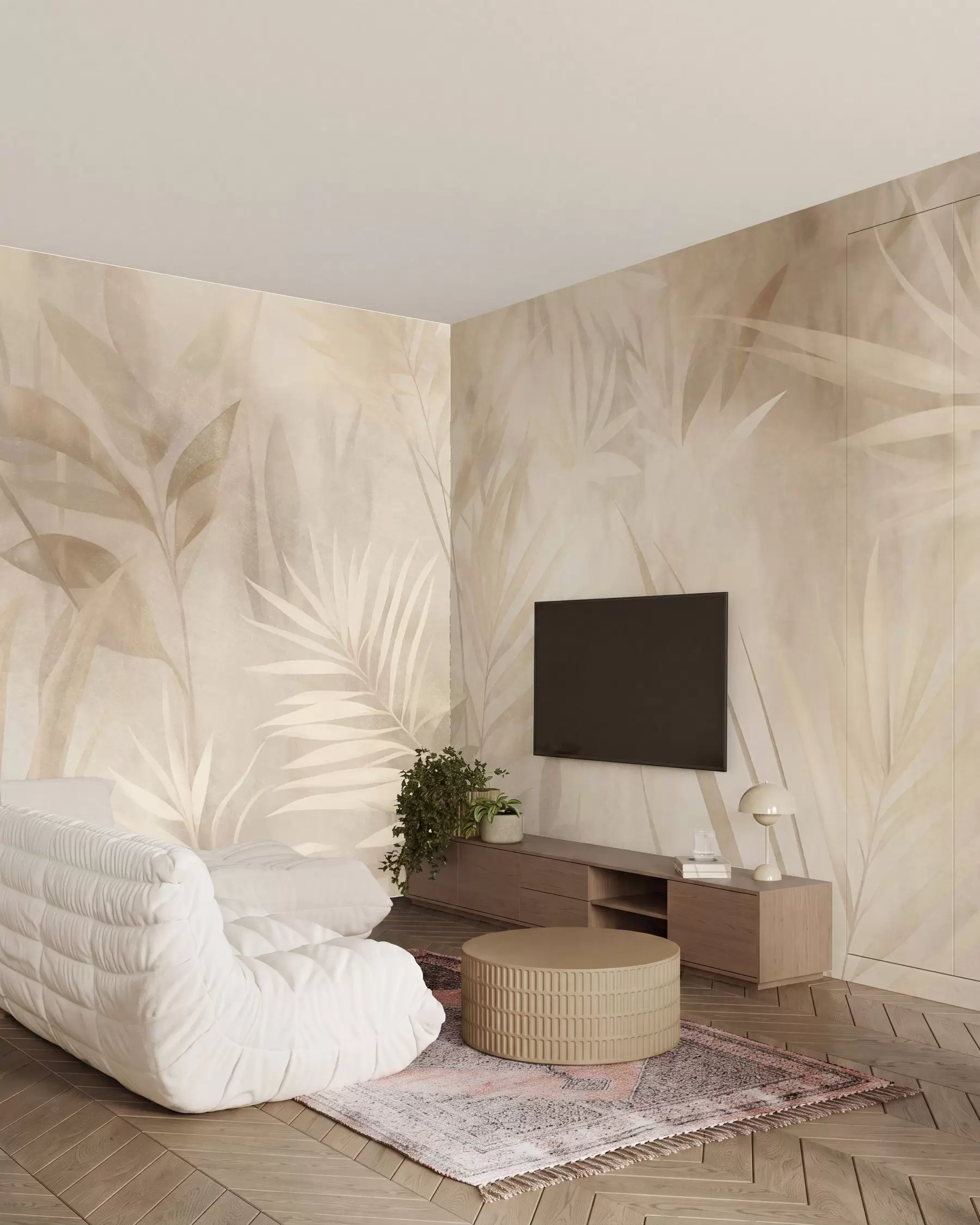 murais de parede Folhas de palmeira em tons suaves de bege e creme, com um fundo suave, selva tropical w10023