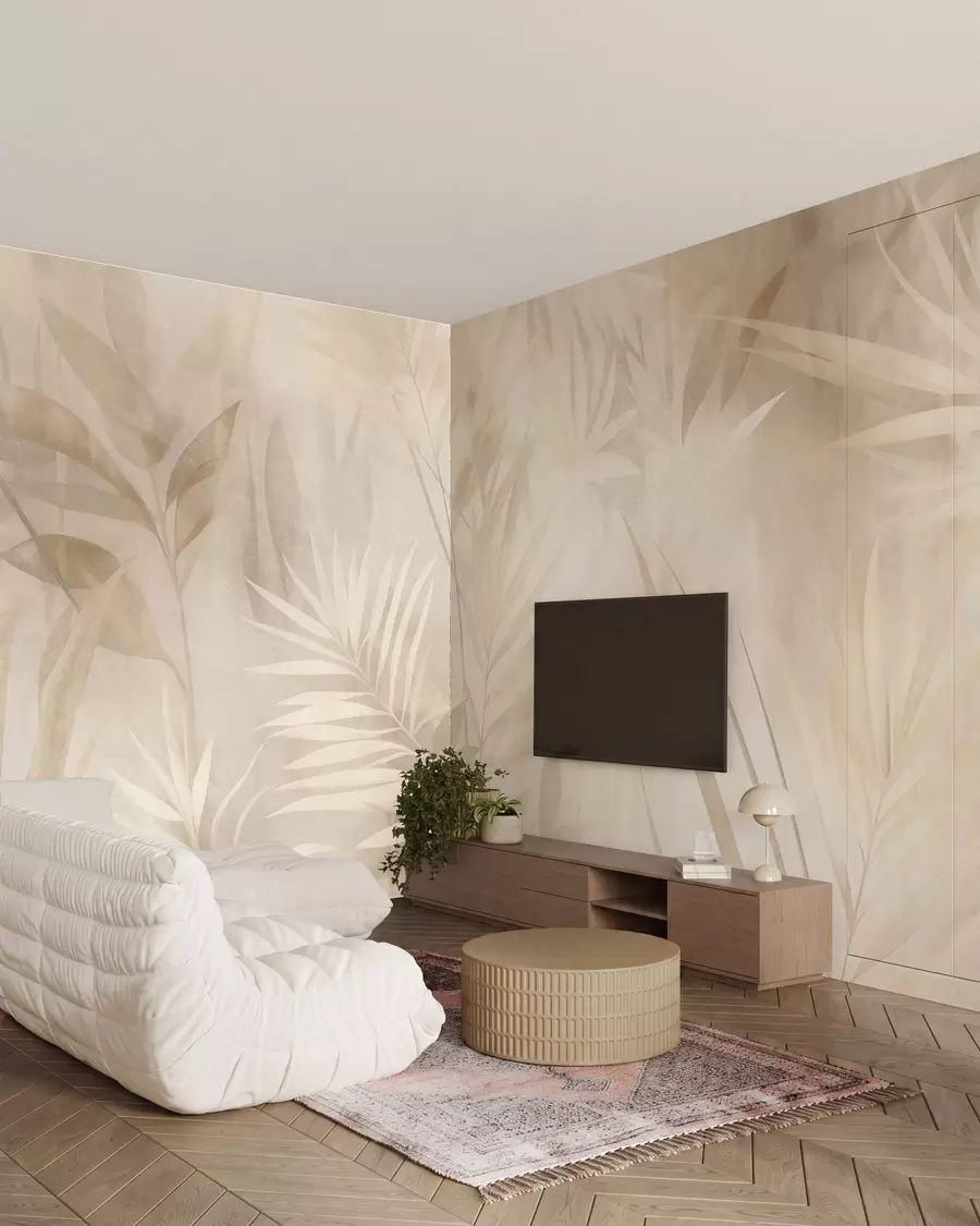 murais de parede Folhas de palmeira em tons suaves de bege e creme, com um fundo suave, selva tropical w10023