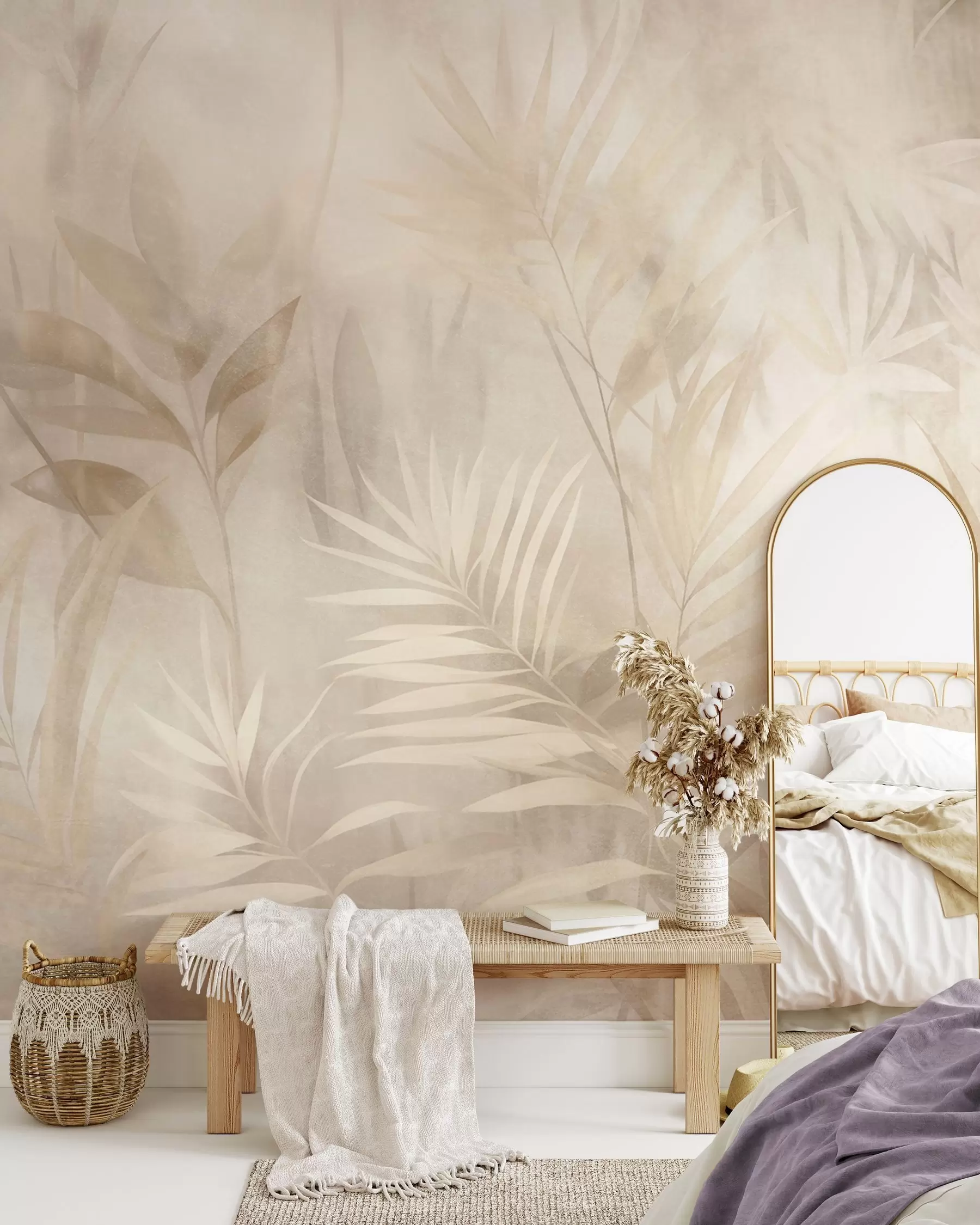 murais de parede Folhas de palmeira em tons suaves de bege e creme, com um fundo suave, selva tropical w10023