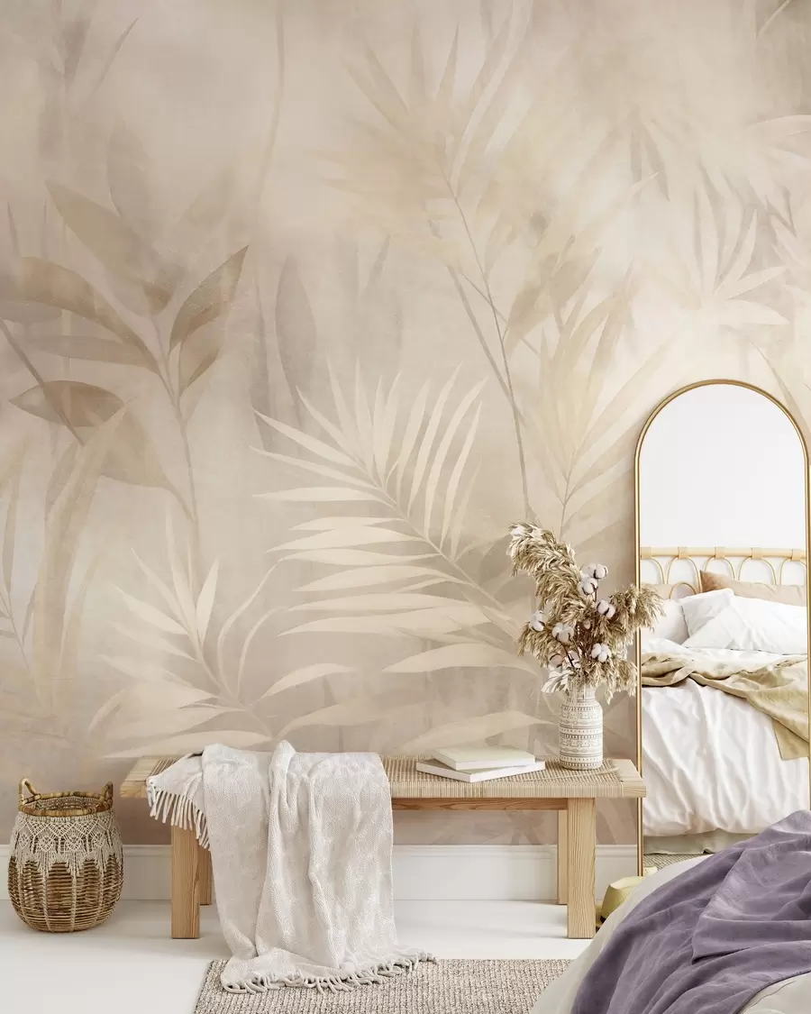 murais de parede Folhas de palmeira em tons suaves de bege e creme, com um fundo suave, selva tropical w10023