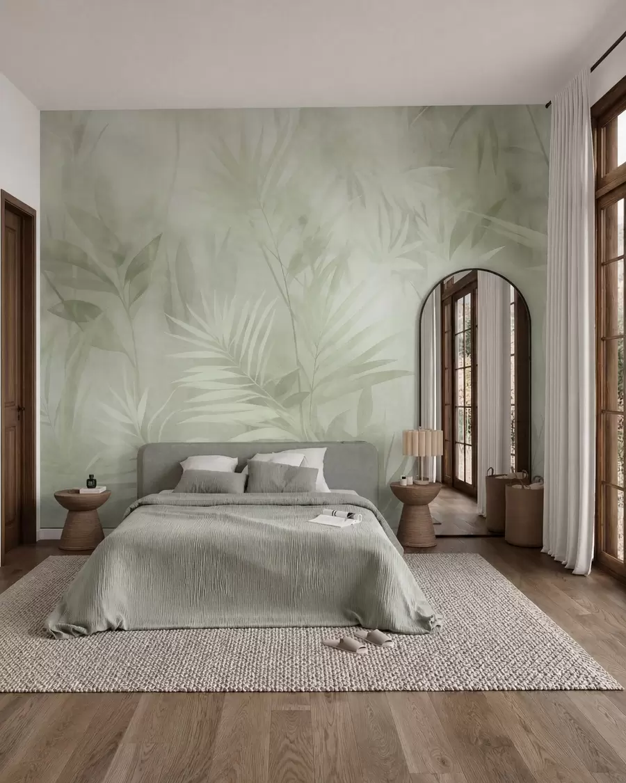 murais de parede Folhas de palmeira em tons suaves de verde, com um fundo suave, selva tropical w10023v1