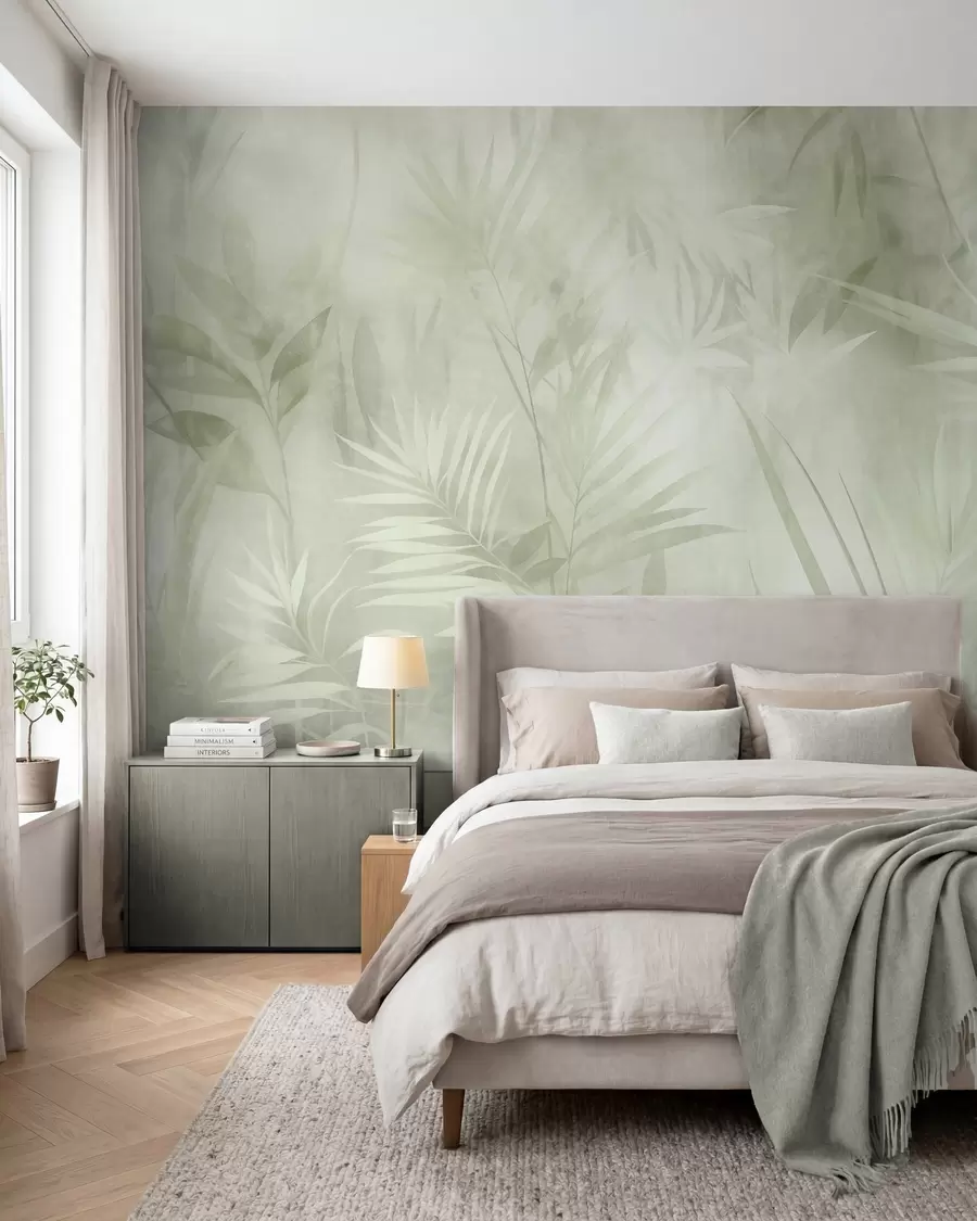 murais de parede Folhas de palmeira em tons suaves de verde, com um fundo suave, selva tropical w10023v1