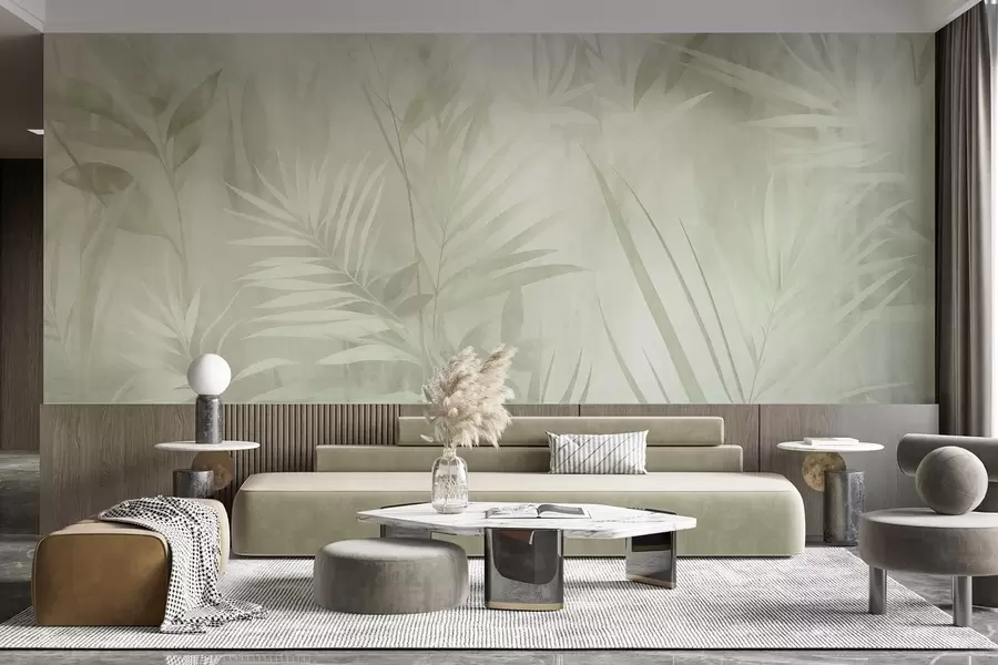 murais de parede Folhas de palmeira em tons suaves de verde, com um fundo suave, selva tropical w10023v1