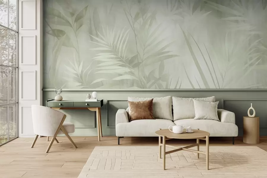 murais de parede Folhas de palmeira em tons suaves de verde, com um fundo suave, selva tropical w10023v1