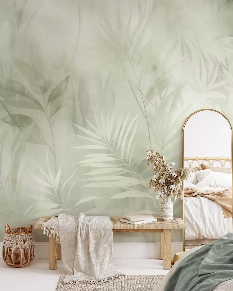 murais de parede Folhas de palmeira em tons suaves de verde, com um fundo suave, selva tropical w10023v1