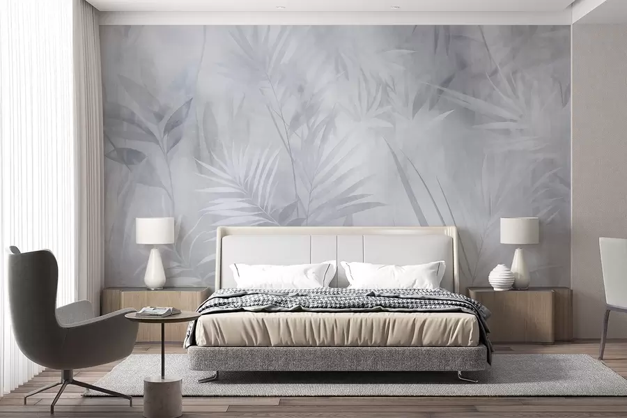 murais de parede Folhas de palmeira em tons suaves de azul, com um fundo suave, selva tropical w10023v2
