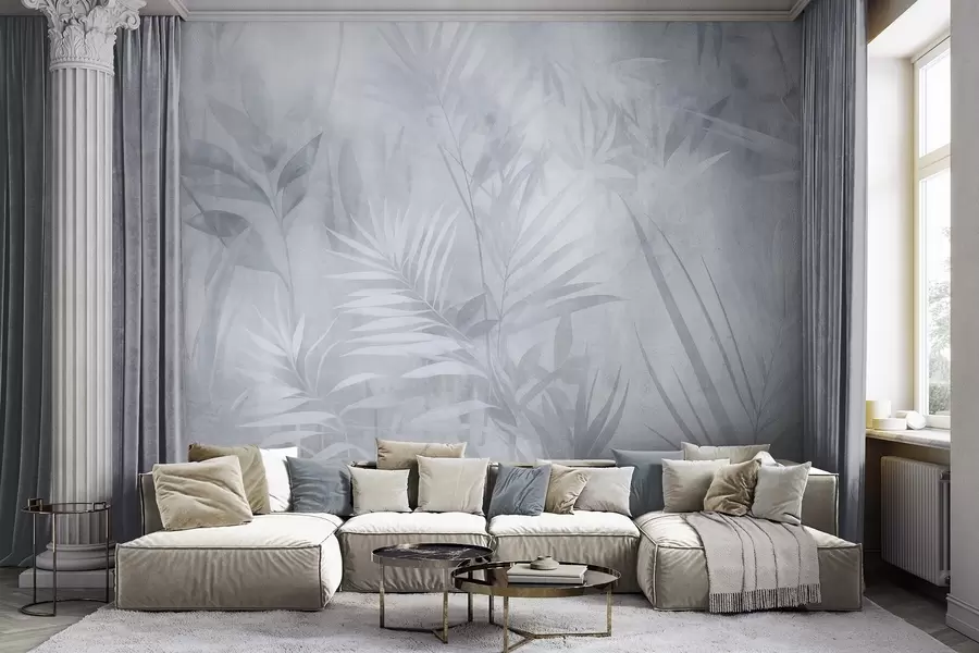 murais de parede Folhas de palmeira em tons suaves de azul, com um fundo suave, selva tropical w10023v2