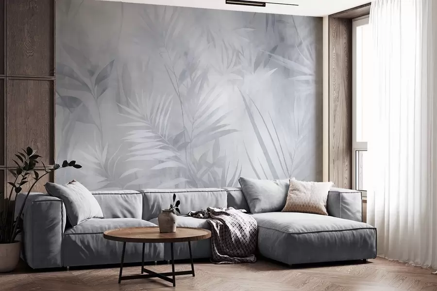 murais de parede Folhas de palmeira em tons suaves de azul, com um fundo suave, selva tropical w10023v2