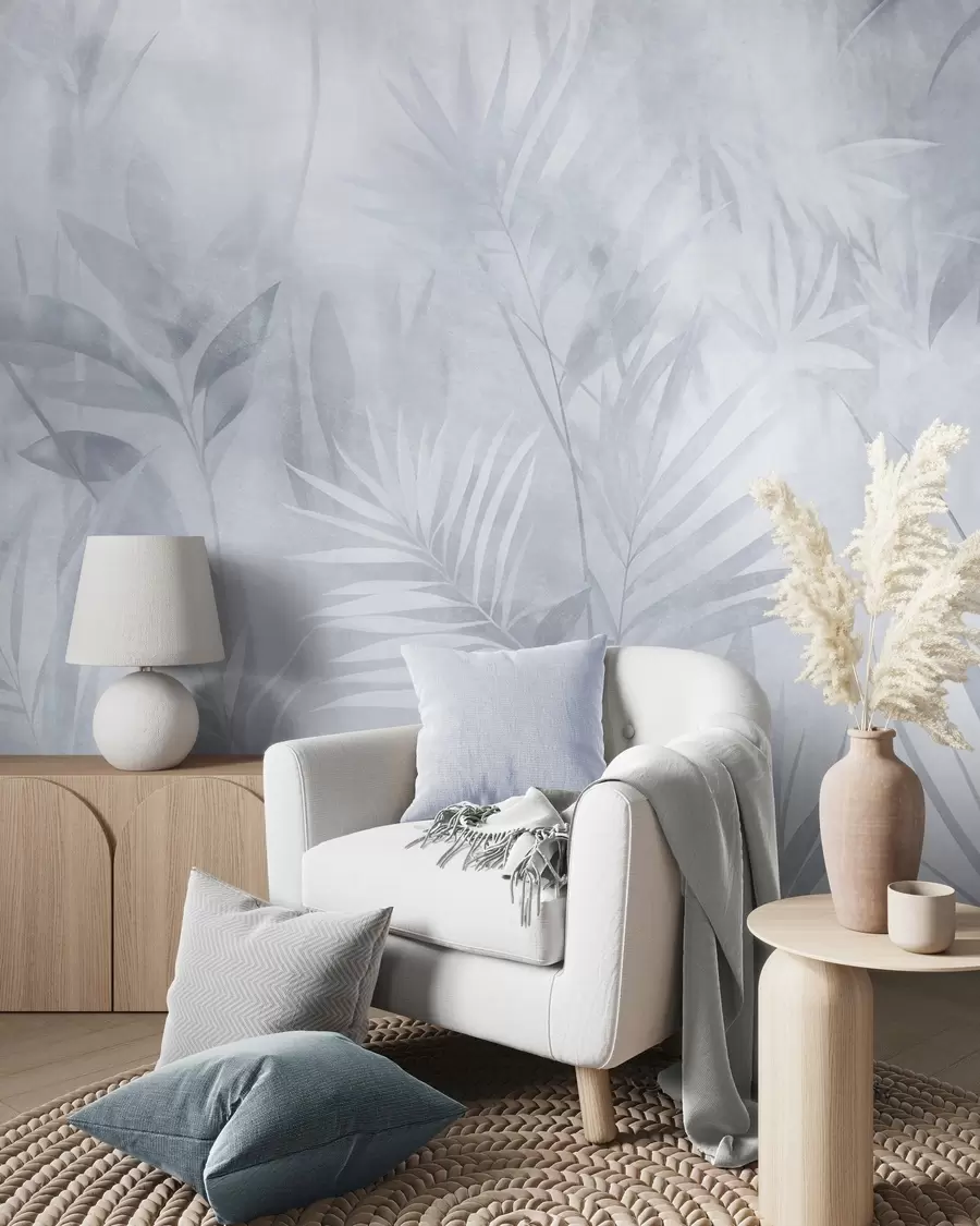 murais de parede Folhas de palmeira em tons suaves de azul, com um fundo suave, selva tropical w10023v2