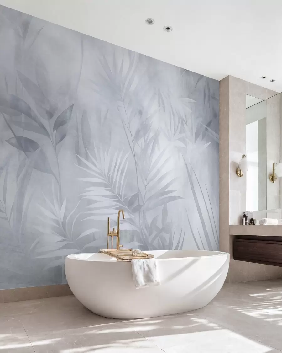 murais de parede Folhas de palmeira em tons suaves de azul, com um fundo suave, selva tropical w10023v2