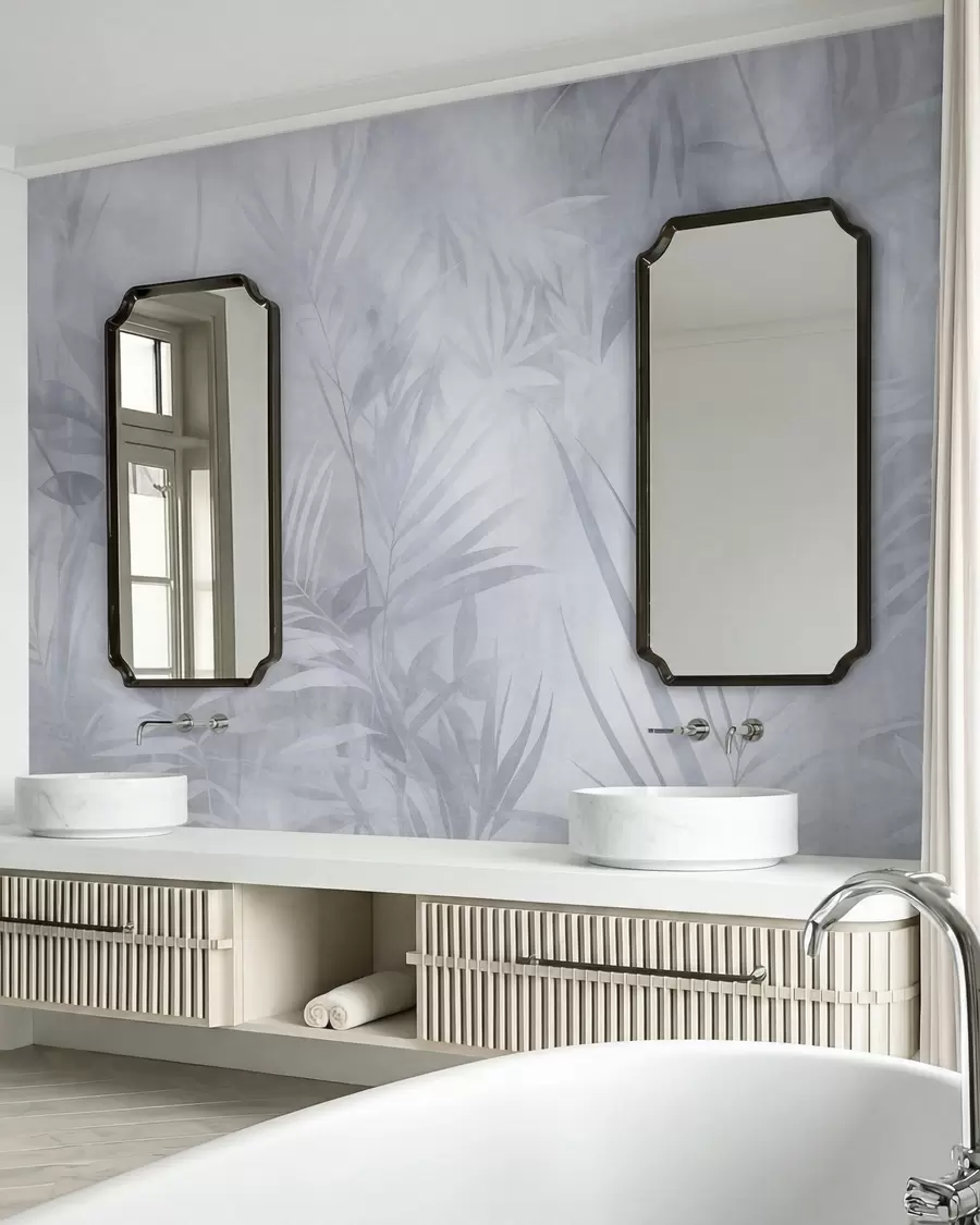 murais de parede Folhas de palmeira em tons suaves de azul, com um fundo suave, selva tropical w10023v2