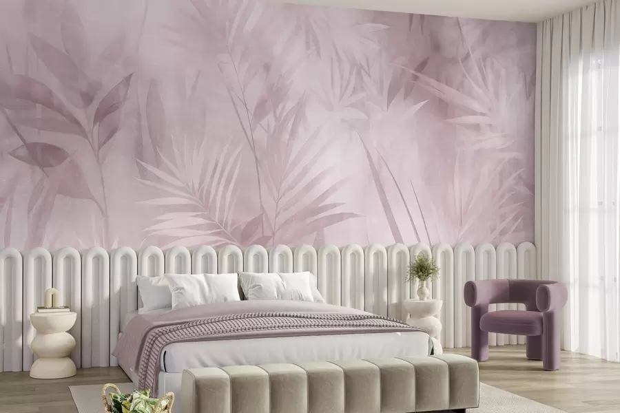 murais de parede Folhas de palmeira em tons suaves de rosa, com um fundo delicado, selva tropical w10023v3
