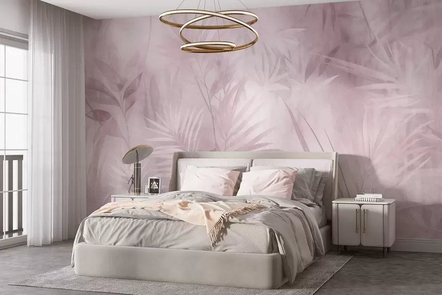 murais de parede Folhas de palmeira em tons suaves de rosa, com um fundo delicado, selva tropical w10023v3