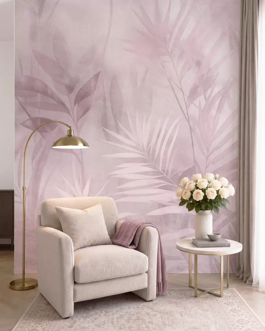 murais de parede Folhas de palmeira em tons suaves de rosa, com um fundo delicado, selva tropical w10023v3