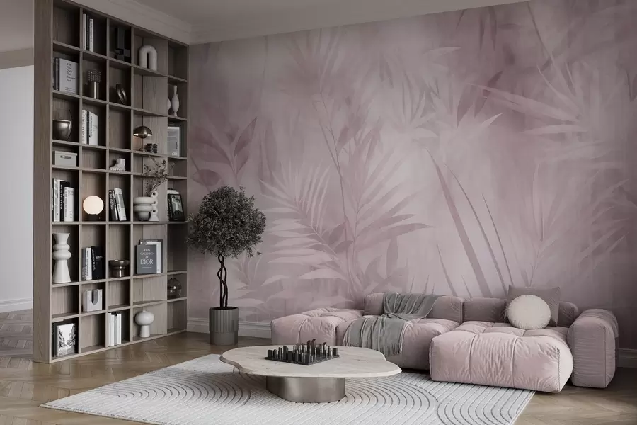 murais de parede Folhas de palmeira em tons suaves de rosa, com um fundo delicado, selva tropical w10023v3