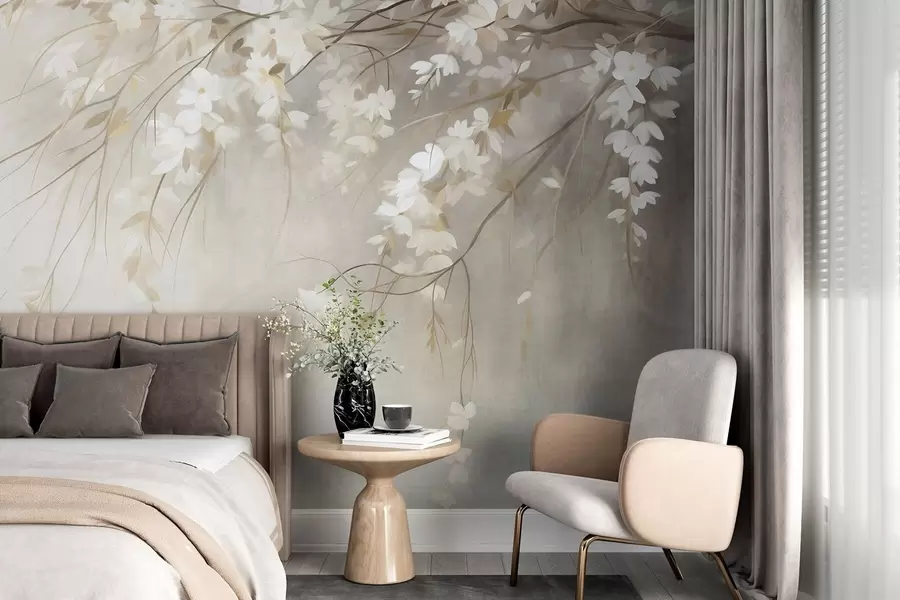 murais de parede Um delicado ramo de cerejeira com flores brancas e folhas, estilo de pintura w10024