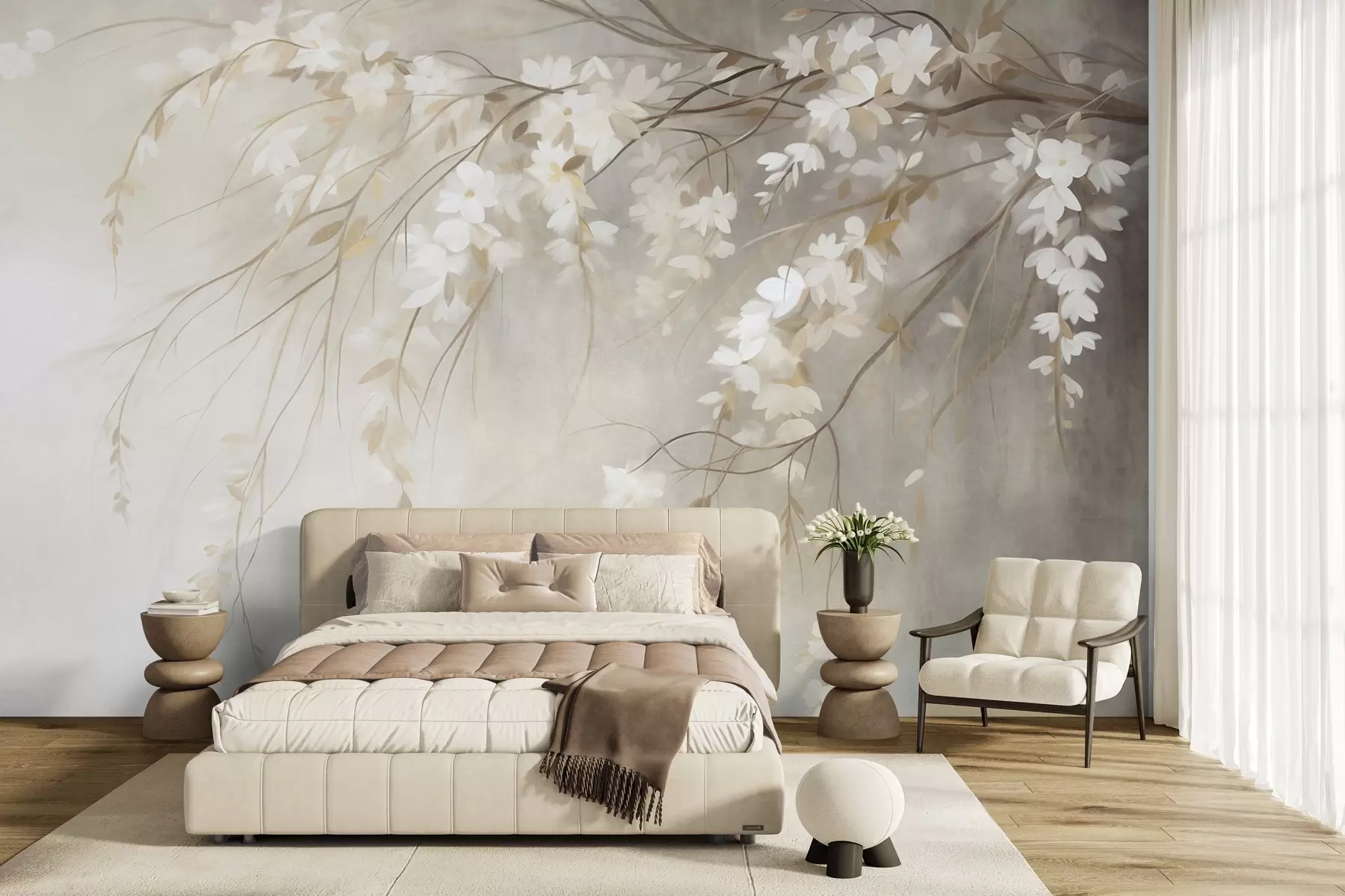 murais de parede Um delicado ramo de cerejeira com flores brancas e folhas, estilo de pintura w10024