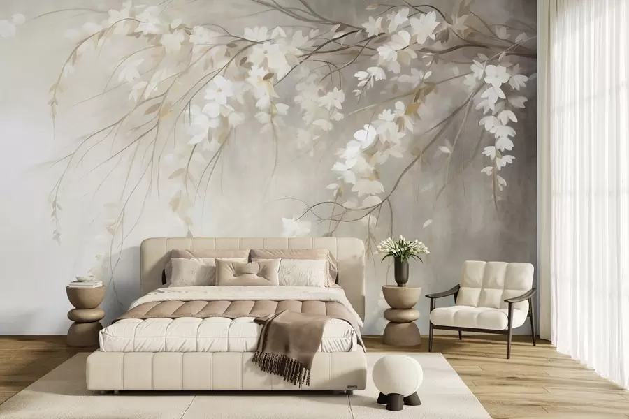 murais de parede Um delicado ramo de cerejeira com flores brancas e folhas, estilo de pintura w10024