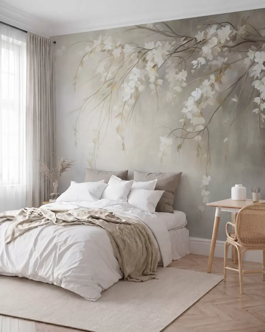 murais de parede Um delicado ramo de cerejeira com flores brancas e folhas, estilo de pintura w10024
