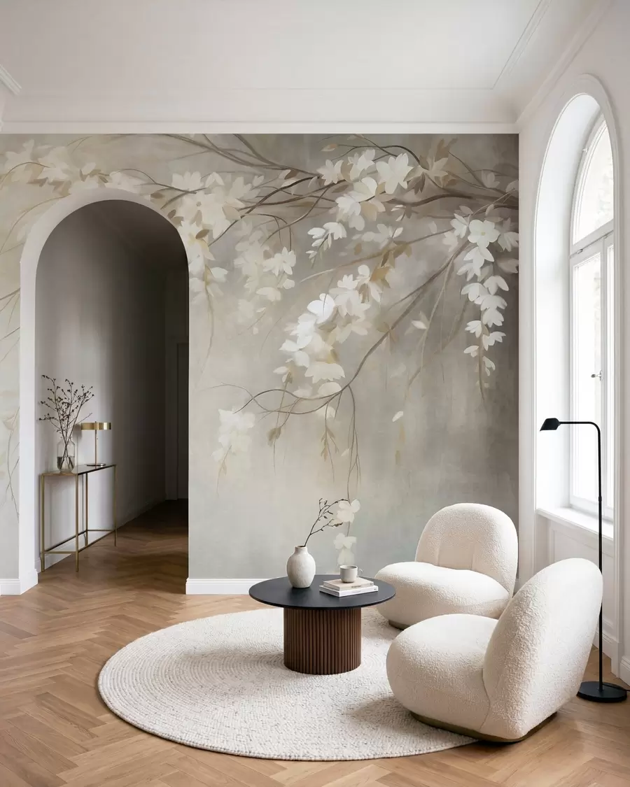 murais de parede Um delicado ramo de cerejeira com flores brancas e folhas, estilo de pintura w10024