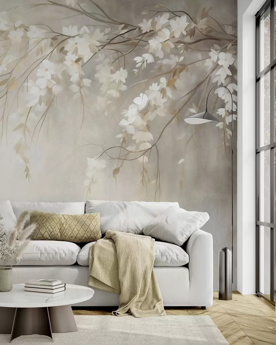 murais de parede Um delicado ramo de cerejeira com flores brancas e folhas, estilo de pintura w10024