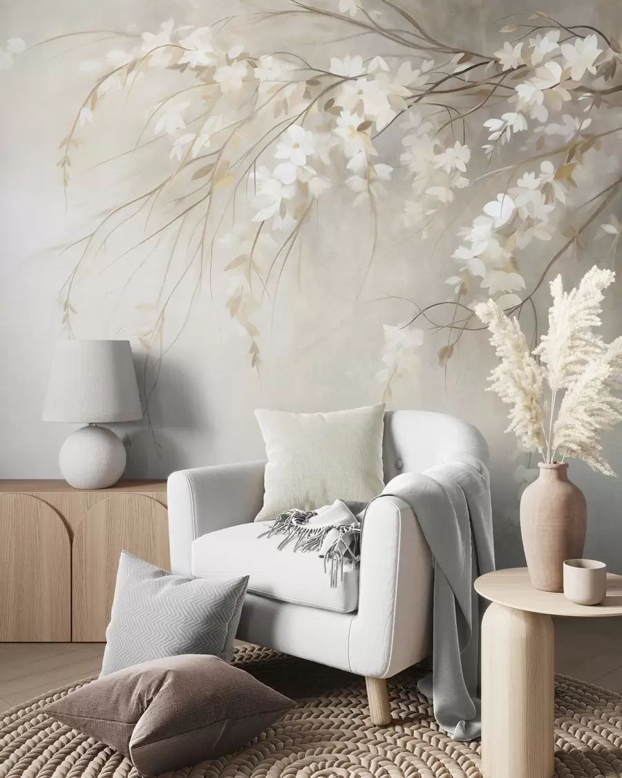 murais de parede Um delicado ramo de cerejeira com flores brancas e folhas, estilo de pintura w10024