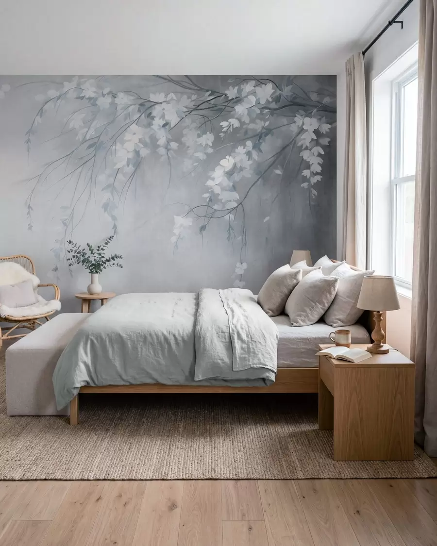 murais de parede Um delicado ramo de cerejeira com flores brancas e folhas, estilo de pintura w10024v1