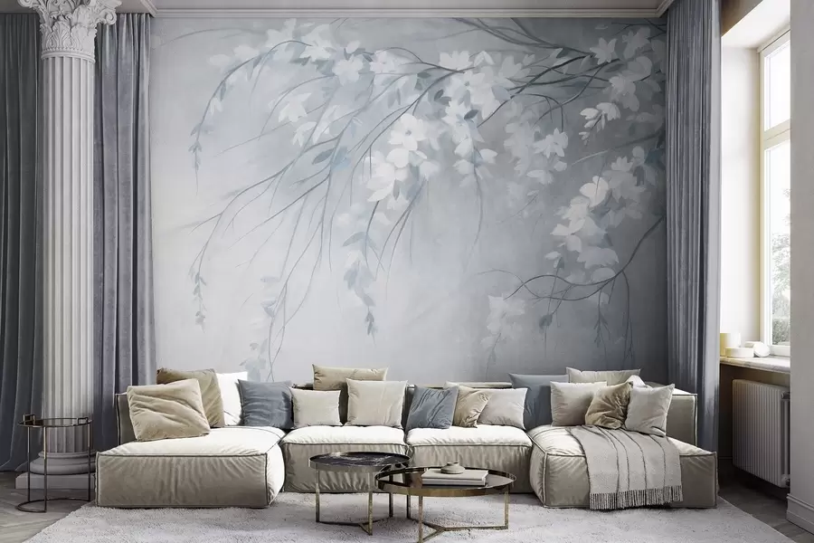 murais de parede Um delicado ramo de cerejeira com flores brancas e folhas, estilo de pintura w10024v1