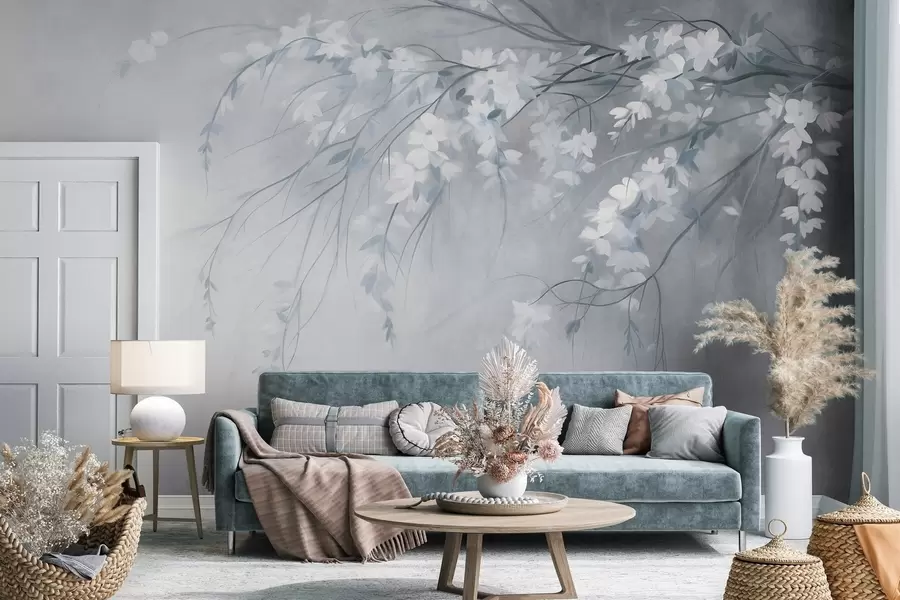 murais de parede Um delicado ramo de cerejeira com flores brancas e folhas, estilo de pintura w10024v1