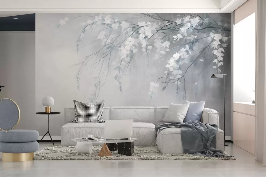 murais de parede Um delicado ramo de cerejeira com flores brancas e folhas, estilo de pintura w10024v1
