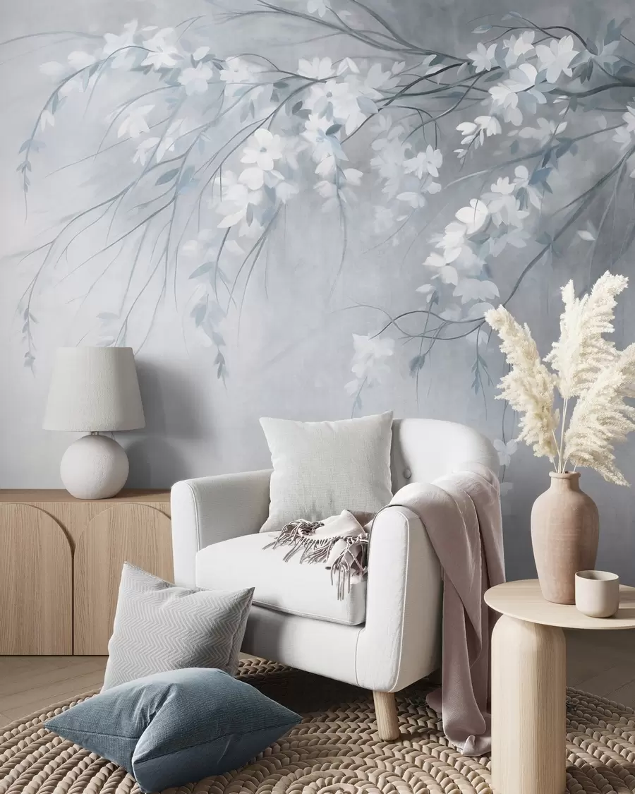 murais de parede Um delicado ramo de cerejeira com flores brancas e folhas, estilo de pintura w10024v1