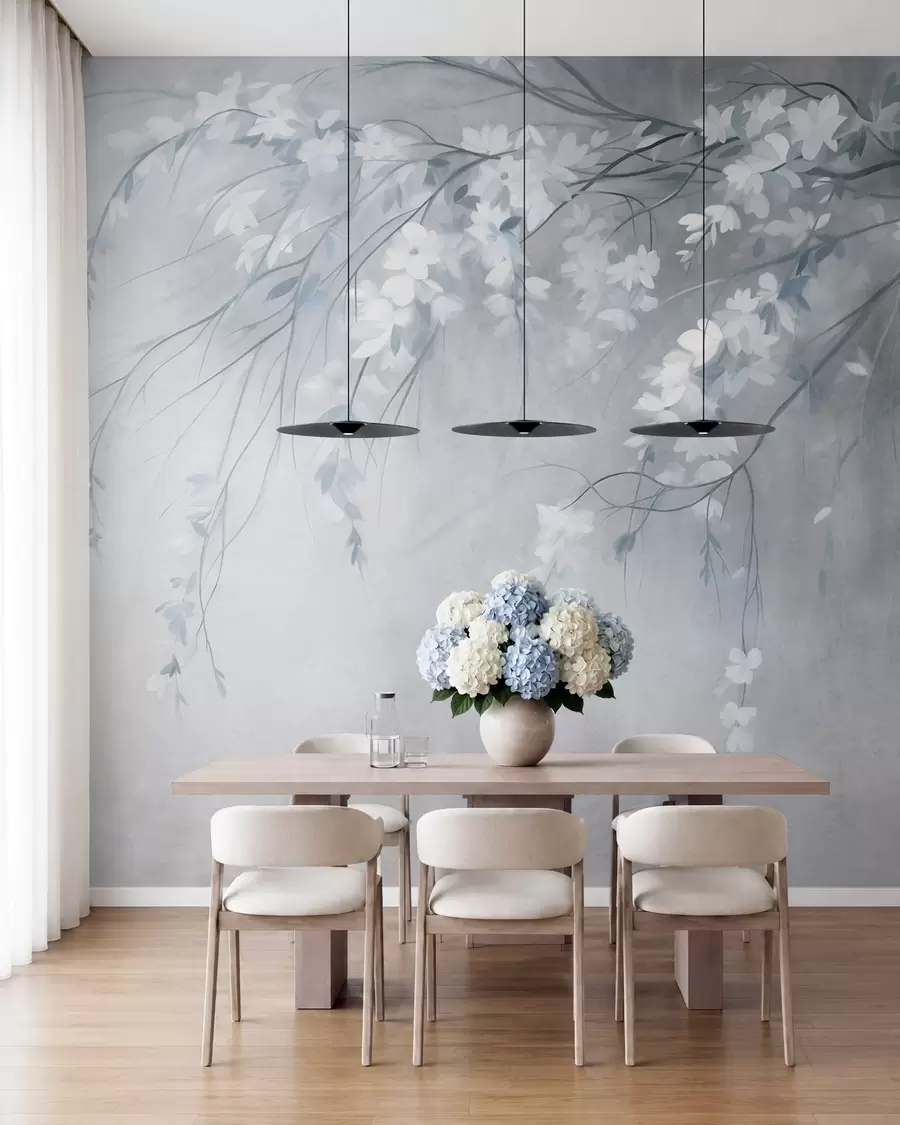 murais de parede Um delicado ramo de cerejeira com flores brancas e folhas, estilo de pintura w10024v1