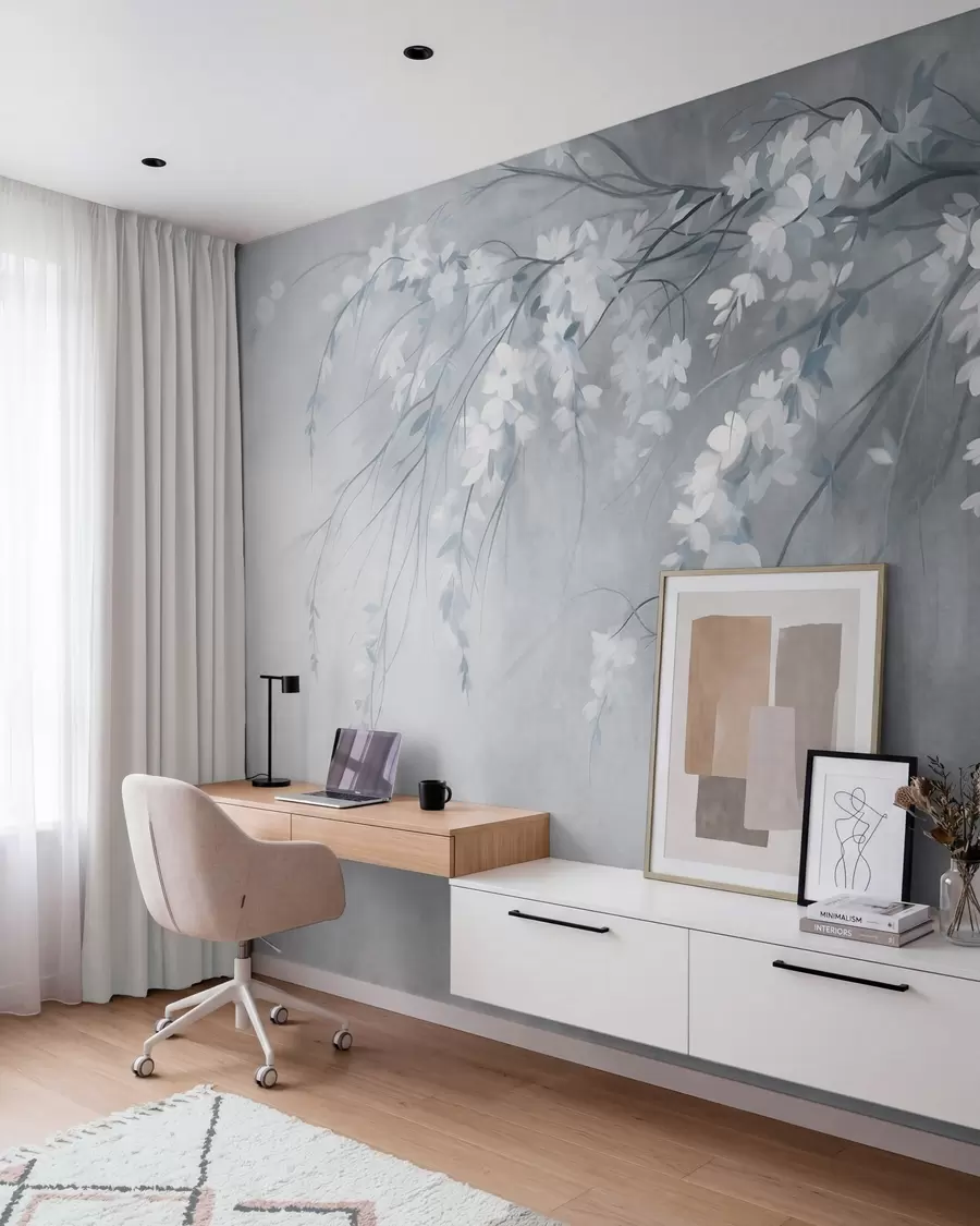murais de parede Um delicado ramo de cerejeira com flores brancas e folhas, estilo de pintura w10024v1