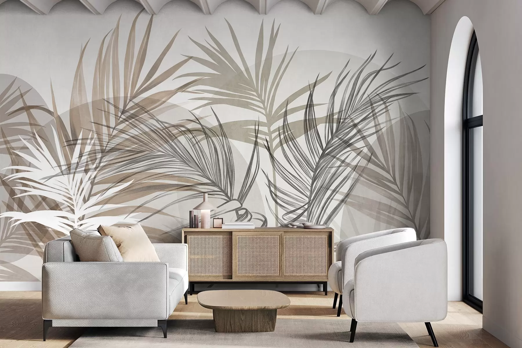murais de parede Folhas de palmeira em tons neutros de bege, castanho e cinzento, com formas abstratas w10025
