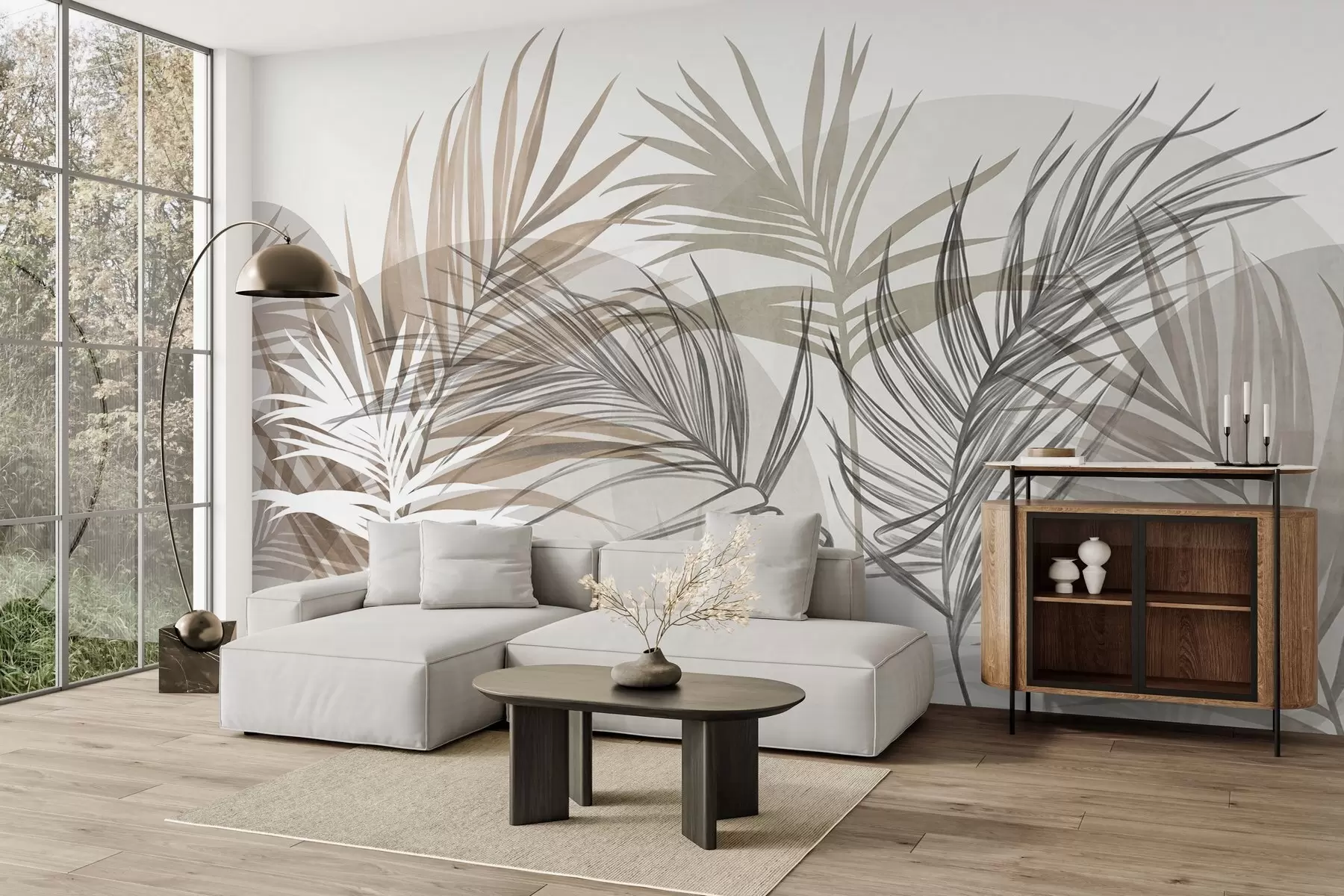 murais de parede Folhas de palmeira em tons neutros de bege, castanho e cinzento, com formas abstratas w10025