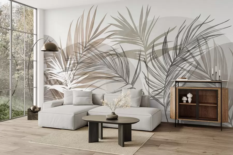 murais de parede Folhas de palmeira em tons neutros de bege, castanho e cinzento, com formas abstratas w10025