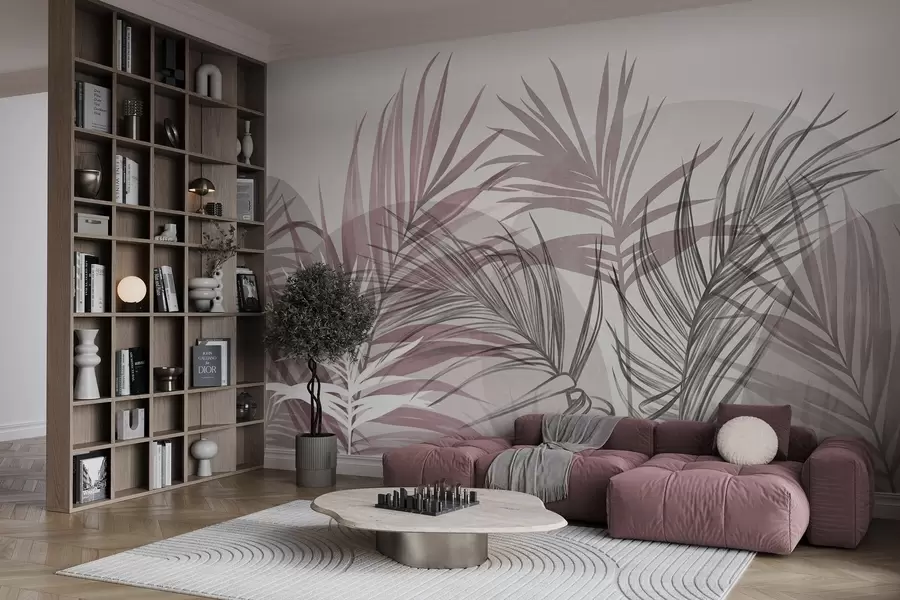 murais de parede Folhas de palmeira em tons neutros de rosa e cinzento, com formas abstratas w10025v1