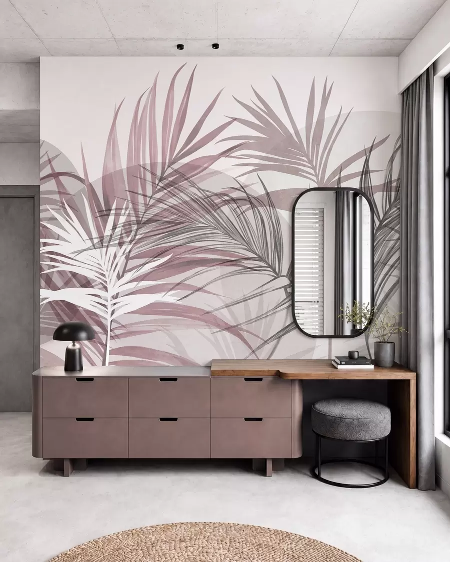 murais de parede Folhas de palmeira em tons neutros de rosa e cinzento, com formas abstratas w10025v1