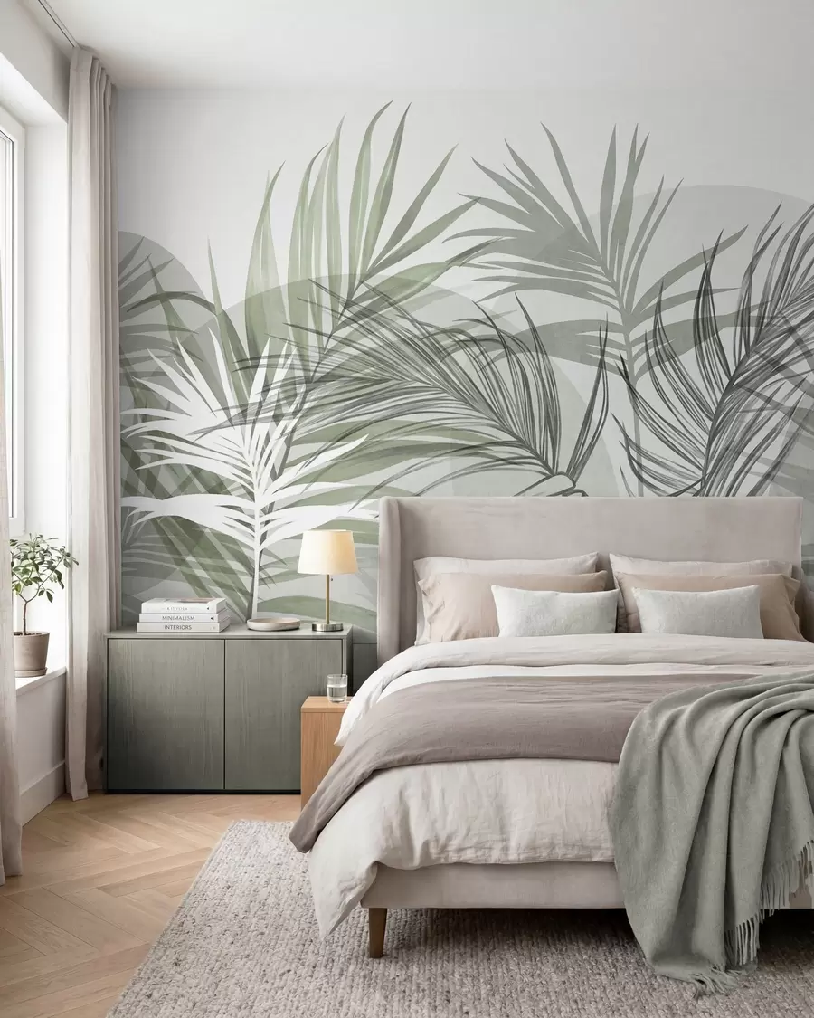 murais de parede Folhas de palmeira em tons neutros de verde e cinzento, com formas abstratas w10025v2