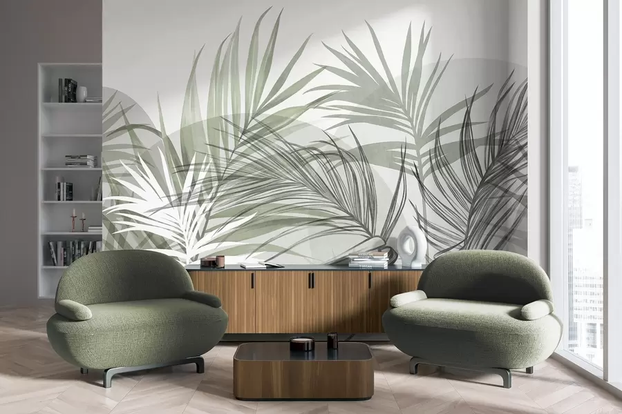 murais de parede Folhas de palmeira em tons neutros de verde e cinzento, com formas abstratas w10025v2