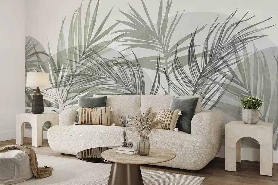murais de parede Folhas de palmeira em tons neutros de verde e cinzento, com formas abstratas w10025v2