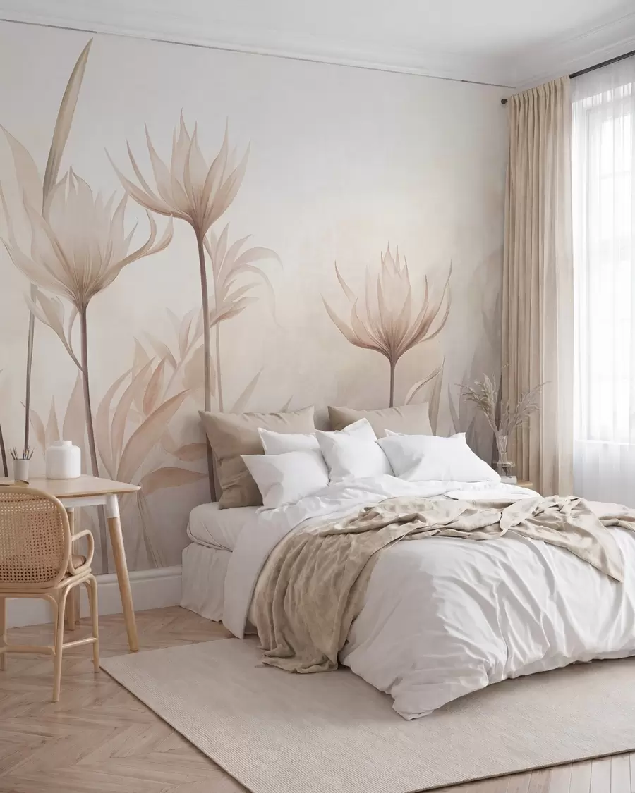 murais de parede Flores translúcidas com textura, em tons suaves de pêssego e bege, com caules longos e folhagem w10028